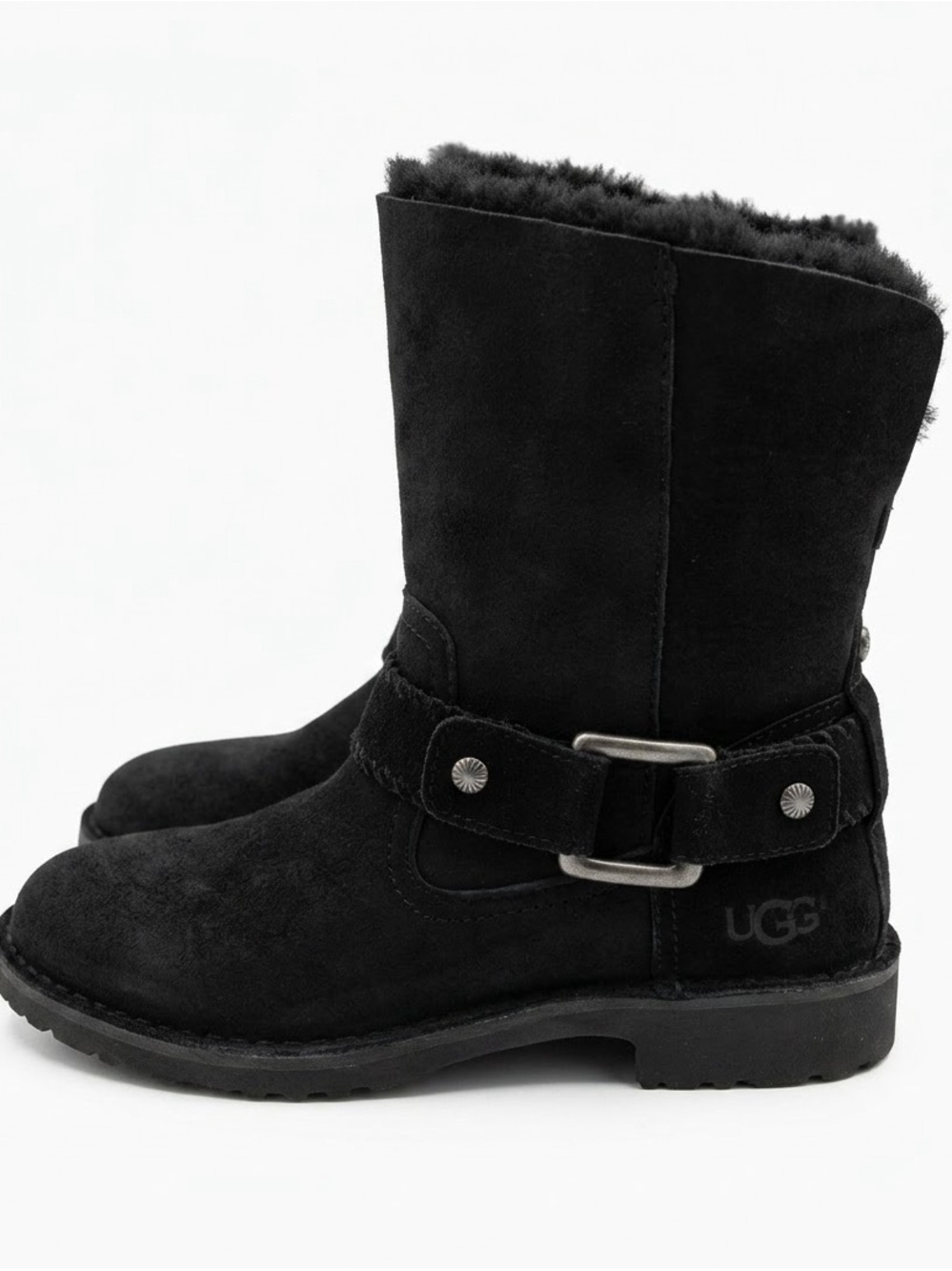 UGG Kids Black Suede Short Buckle Boots
